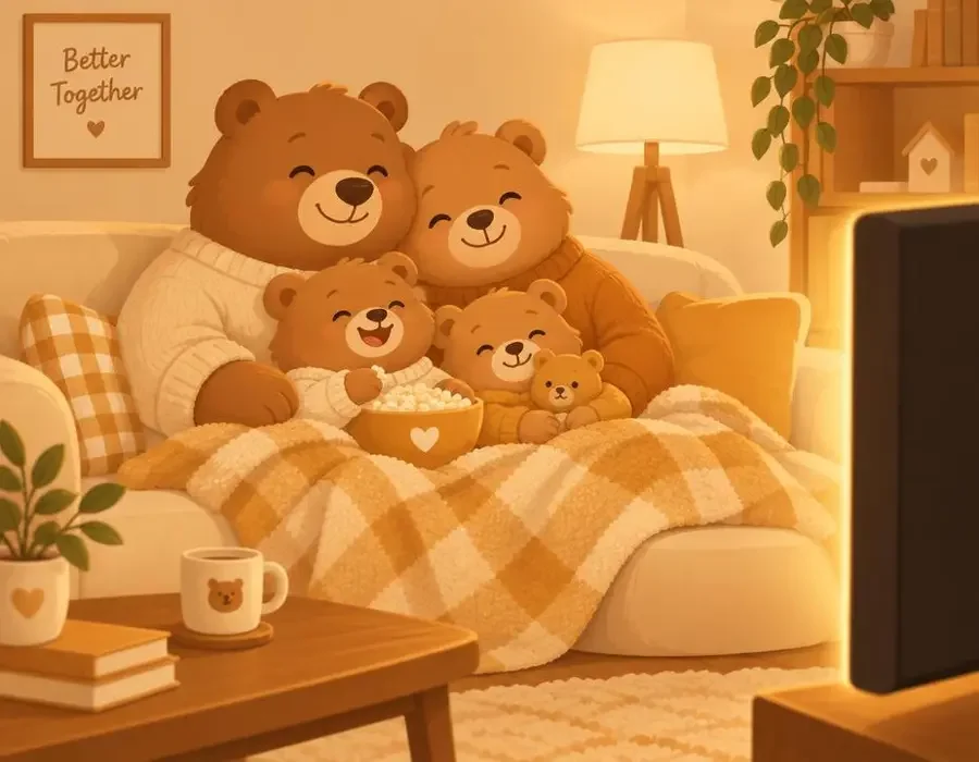 短剧网址 · 品牌故事 短剧网址品牌故事插画:一家人一起看短剧